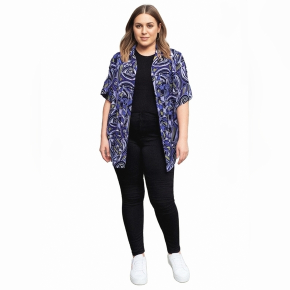 Maggie Barnes Camp Shirt Purple Abstract Short Sleeve Button Down Top 20W - Picture 12 of 14